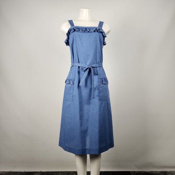 Vintage Dresses & Skirts - Vintage Harold Williams Blue Cotton Ruffle Midi Dress Size L
